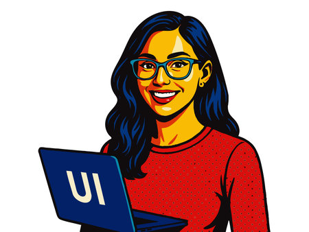 Bright and modern pop-art style raster of a smiling woman wearing glasses, holding a laptop labeled...