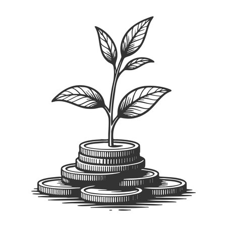 leafy plant sprouting from stacked coins, representing investment, savings, and sustnable financial growth sketch engraving fictional character vector. Scratch board. Black and white.のイラスト素材