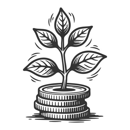 leafy plant sprouting from stacked coins, representing investment, savings, and sustnable financial growth sketch engraving fictional character vector. Scratch board. Black and white.のイラスト素材