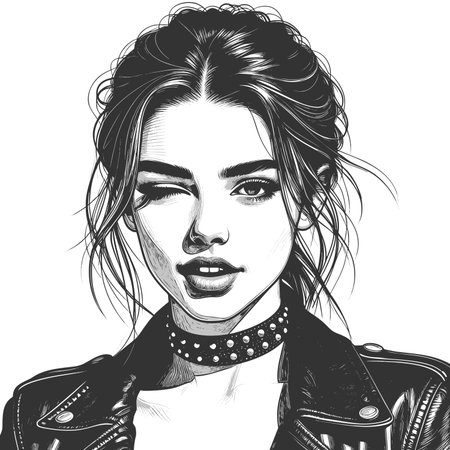 young woman winking, wearing a studded choker and leather jacket with bold attitude. sketch engraving fictional character raster illustration. Scratch board imitation. Black and white.の写真素材