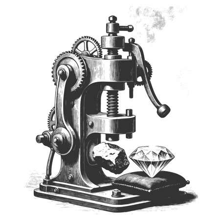 mechanical press transforming a piece of coal into a sparkling diamond, symbolizing pressure and...