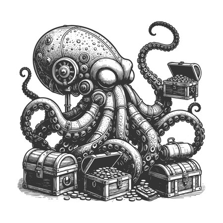 mechanical octopus holding multiple open treasure chests filled with gold coins in its tentacles sketch engraving vector illustration. Scratch board imitation. Black and white image.のイラスト素材