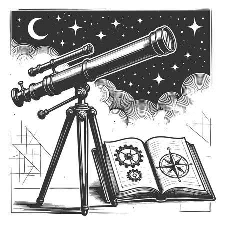 telescope med at the starry night sky beside an open astronomy book on a table sketch engraving fictional character vector illustration. Scratch board imitation. Black and white image.のイラスト素材