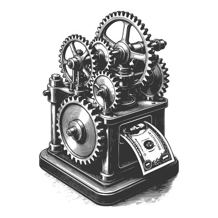 gear-driven machine producing dollar bills, symbolizing profit generation, automation, and financial systems sketch engraving vector illustration. Scratch board. Black and white image.のイラスト素材