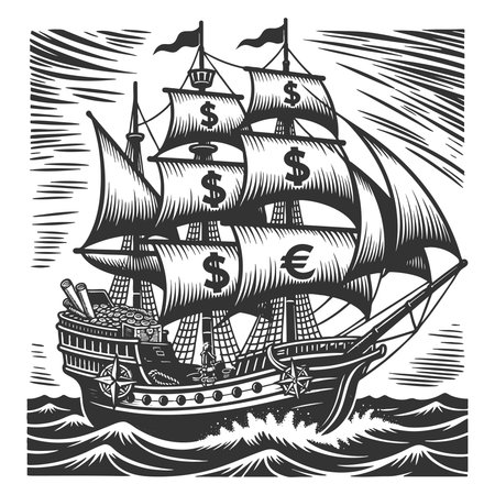 sling ship with currency symbols on sls, navigating rough waves, symbolizing financial journey sketch engraving vector illustration. Scratch board imitation. Black and white image.のイラスト素材