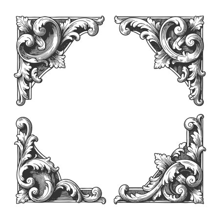 ornate floral corner design, perfect for frames, invitations, or decorative layouts sketch engraving vector illustration. Scratch board imitation. Black and white image.のイラスト素材