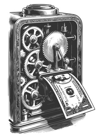 gear-driven machine producing dollar bills, symbolizing profit generation, automation, and financial systems sketch engraving vector illustration. Scratch board. Black and white image.のイラスト素材