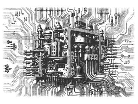 vintage machine resembling a mechanical computer, filled with wires, pipes, and vacuum tubes sketch...