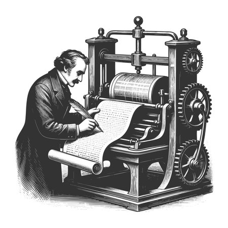 man using a quill near an old-fashioned printing press with gears and rollers sketch engraving...