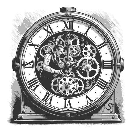 man fine-tuning clock gears within a giant timepiece marked with global currency symbols and bitcoin sketch engraving vector illustration. Scratch board. Black and white image.のイラスト素材