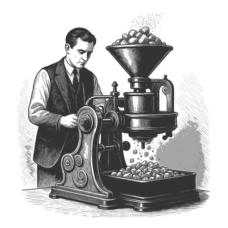 man using a mechanical press to transform rough stones into sparkling diamonds sketch engraving...