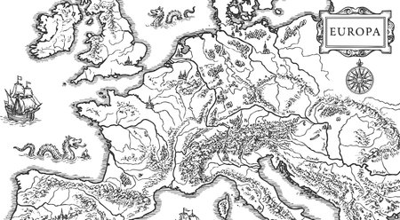 illustrated map of Europe featuring fantasy elements like sea serpents, ships, castles, and compass...