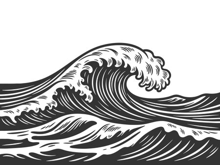 powerful stormy ocean waves, ideal for nautical, marine, or retro-themed design projects sketch engraving vector illustration. Scratch board imitation. Black and white image.のイラスト素材