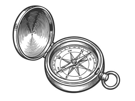 old-fashioned compass with ornate needle and marked cardinal points for navigation and exploration themes sketch engraving vector illustration. Scratch board imitation. Black and white.のイラスト素材