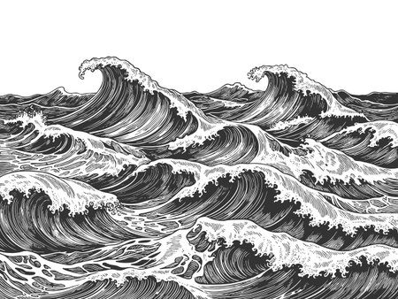 powerful stormy ocean waves, ideal for nautical, marine, or retro-themed design projects sketch engraving vector illustration. Scratch board imitation. Black and white image.のイラスト素材