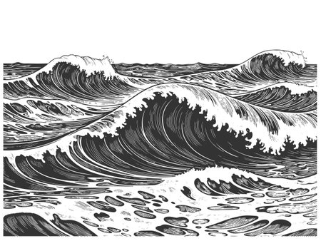 powerful stormy ocean waves, ideal for nautical, marine, or retro-themed design projects sketch engraving vector illustration. Scratch board imitation. Black and white image.のイラスト素材