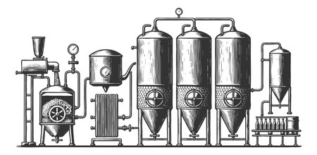 old-fashioned brewery setup featuring fermentation tanks, steam pipes, gauges, and glass bottles sketch engraving vector illustration. Scratch board imitation. Black and white image.のイラスト素材