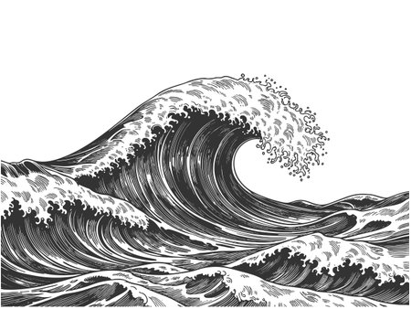 powerful stormy ocean waves, ideal for nautical, marine, or retro-themed design projects sketch engraving vector illustration. Scratch board imitation. Black and white image.のイラスト素材