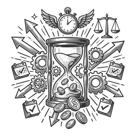 hourglass with coins, gears, arrows, and calendars symbolizing time, money, productivity, and efficiency sketch engraving vector illustration. Scratch board imitation. Black and white.のイラスト素材