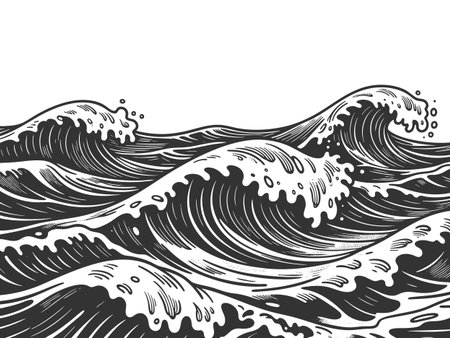 powerful stormy ocean waves, ideal for nautical, marine, or retro-themed design projects sketch engraving vector illustration. Scratch board imitation. Black and white image.のイラスト素材