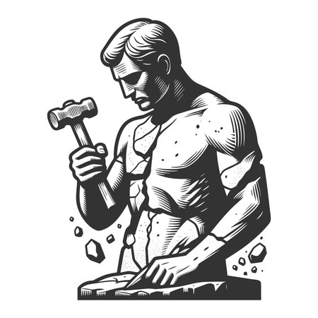 man chiseling his own body from stone, symbolizing self-improvement, discipline, and personal growth sketch engraving vector illustration. Scratch board imitation. Black and white image.のイラスト素材