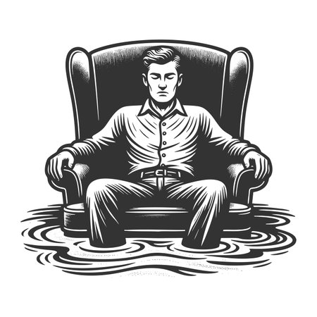 man sitting in a cozy armchr that sinking into quicksand, representing complacency and stagnation sketch engraving raster illustration. Scratch board imitation. Black and white image.の写真素材