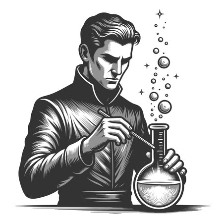 faceless figure in a hat creating a cosmic mixture in a lab setup, blending science and magic sketch...