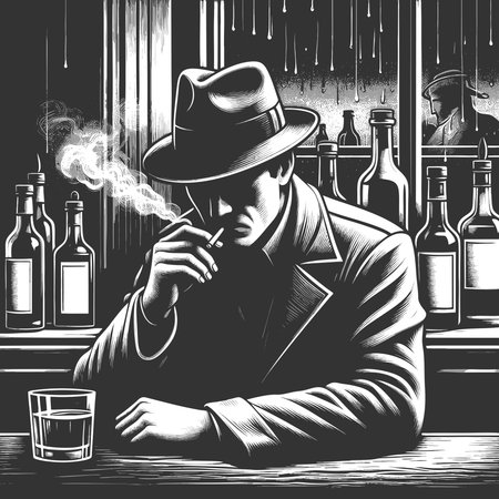 solitary man in a fedora sitting at a bar, with a mysterious figure silhouetted in the window sketch engraving vector illustration. Scratch board imitation. Black and white image.のイラスト素材