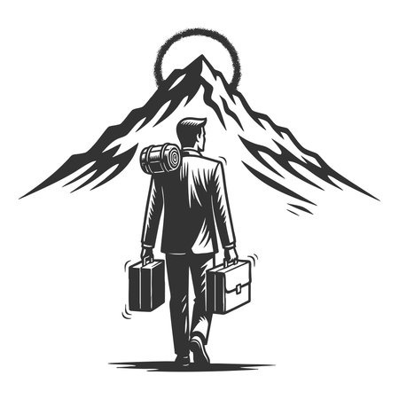 businessman carrying briefcases and backpack while walking toward a mountn summit, ambition, journey, and personal growth sketch engraving vector illustration. Scratch board imitation.のイラスト素材
