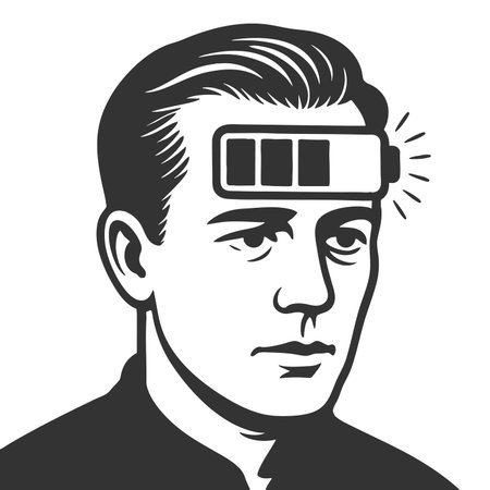 man with a low battery indicator on his forehead, symbolizing mental exhaustion or burnout sketch engraving fictional character raster illustration. Scratch board. Black and white image.の写真素材
