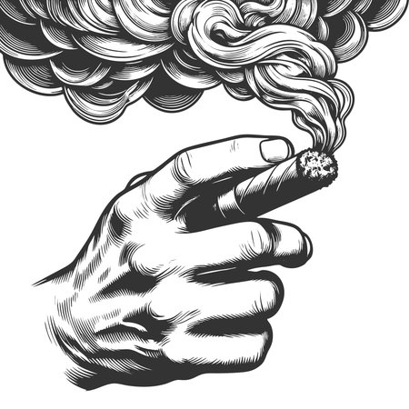 hand holding a lit cigar with swirling smoke rising dramatically into the r sketch engraving fictional character vector illustration. Scratch board imitation. Black and white image.のイラスト素材