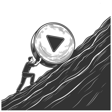 man struggling to push a large play icon up a steep hill, effort in digital creation sketch engraving fictional character raster illustration. Scratch board. Black and white image.の写真素材
