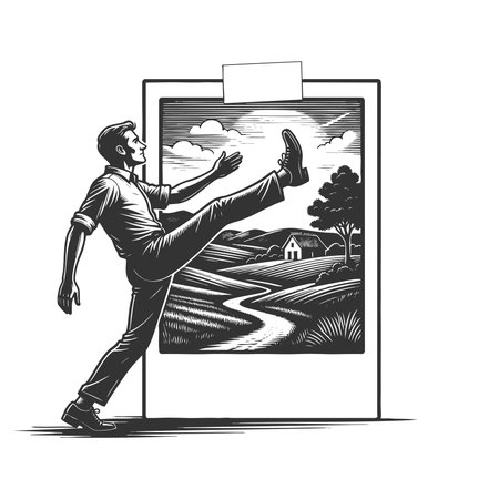 man entering a rural scene through a picture frame, symbolizing escape or imagination sketch...