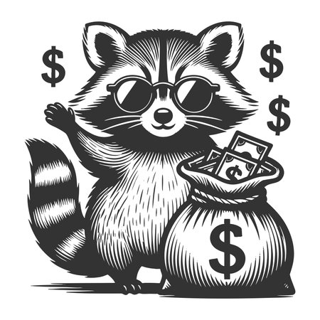 raccoon in sunglasses standing next to a cash-filled money bag, symbolizing wealth and mischief sketch engraving vector illustration. Scratch board imitation. Black and white image.のイラスト素材