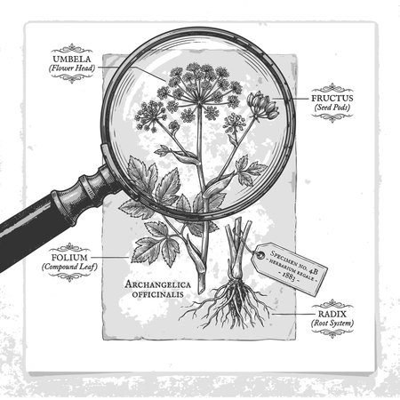 Angelica officinalis under magnifying glass, inspired by 19th century herbarium studies sketch engraving vector illustration. Scratch board. Black and white image.のイラスト素材