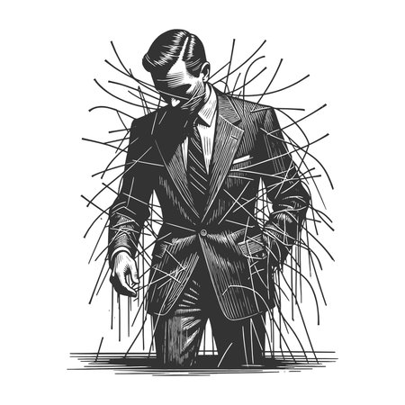 suited businessman surrounded by chaotic scribble lines, symbolizing stress, confusion, mental overload, and corporate pressure sketch engraving vector illustration. Scratch board.のイラスト素材