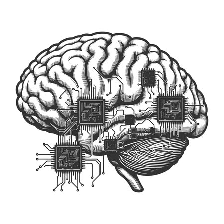 human brn fused with microchips and circuit lines, symbolizing artificial intelligence, neural...