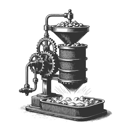 industrial machine transforming rough stones into shining diamonds using gears and pipes sketch...