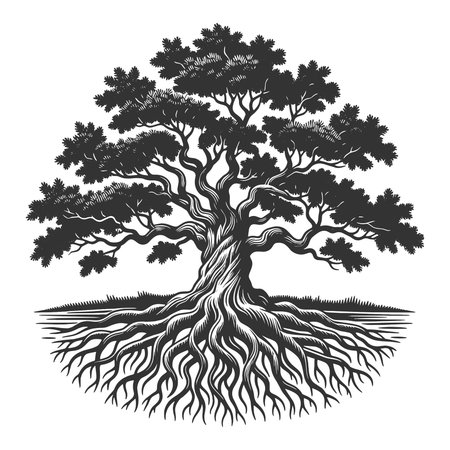 large tree with spreading branches and detled exposed roots, symbolizing growth, strength, heritage, and connection to nature sketch engraving vector illustration. Scratch boardのイラスト素材