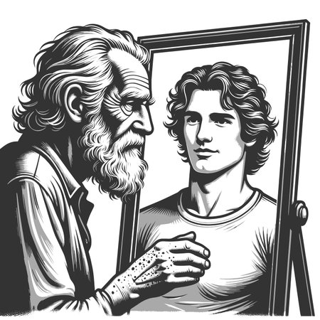elderly bearded man touching mirror showing his younger self, symbolizing aging, self reflection, memory, and life passage sketch engraving raster illustration. Scratch board.の写真素材