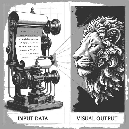 mechanical device transforming a scroll of input data into a projected lion head as visual output...