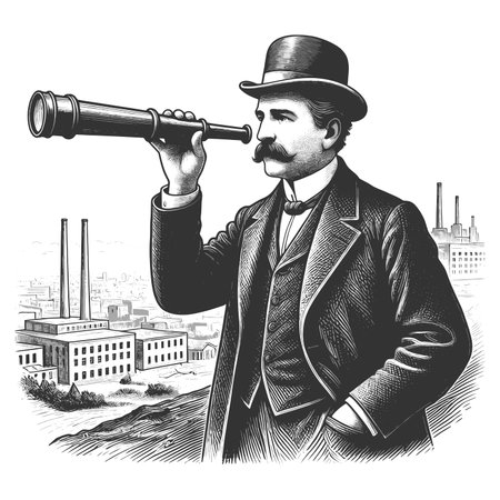 man in a top hat using a telescope to view a smoky industrial city from distance sketch engraving fictional character raster illustration. Scratch board imitation. Black and white image.の写真素材