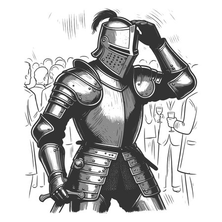 man wearing medieval armor at an elegant party, symbolizing social anxiety and emotional self protection sketch engraving vector illustration. Scratch board imitation. Black and white.のイラスト素材