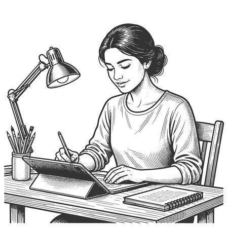 woman using a tablet and stylus at desk, digital art, creativity, and focused work environment sketch engraving vector illustration. Scratch board imitation. Black and white image.のイラスト素材