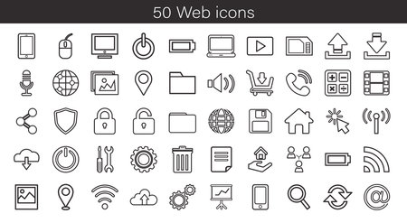 Set of 50 web icons. Trendy style thin lines. Icons for websites, browsers, programs. Data analytics, Digital marketing, Management, Message, Phoneのイラスト素材