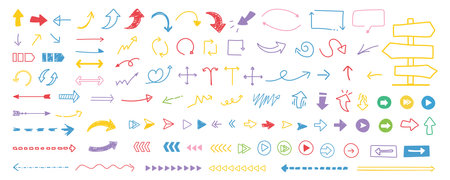 hand drawn arrow icon set. Set simple arrows isolated on white background. Doodle arrow sketch sign and set of hand drawnのイラスト素材