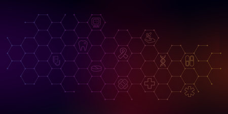 Medical background and healthcare technology with flat icons and symbols. Template design with...