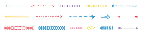 Flat long arrows set hand drawing for concept design. Isolated vector illustration.