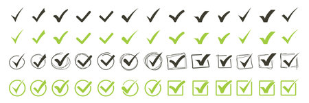 Green check mark and red cross icon set, circle and square. Tick symbol in green color. Hand drawn checkmark illustrationのイラスト素材