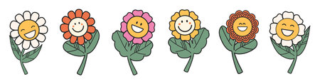 Groovy flower cartoon characters. Funny smiling chamomile characters, trendy retro groovy style. botanical decor isolated elements, bright simple plants tidy vector set.のイラスト素材